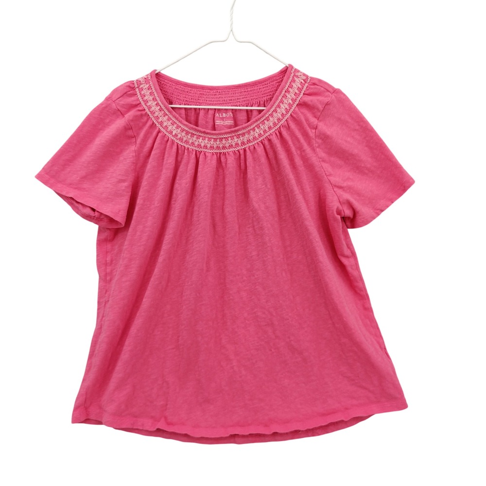 Talbots Womens Boho Smocked Embroidered Short Sleeve Top Large Pink Slub Cotton